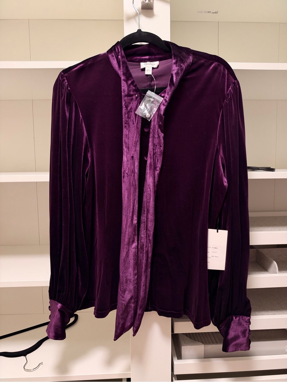 Unique Vintage Velvet Tie-Neck Blouse in Deep Plum - Size L 10/12 - NWT - Picture 2 of 5